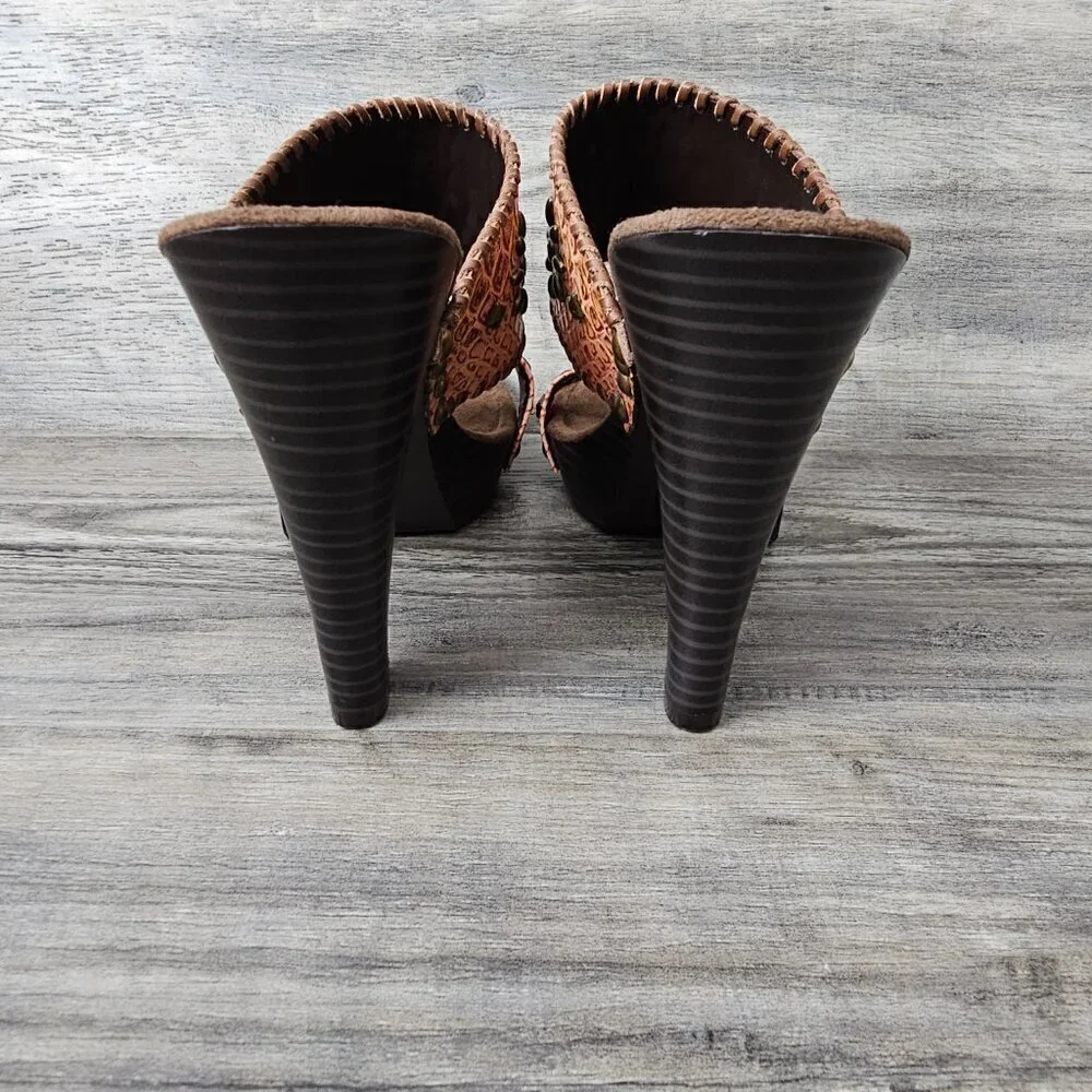 Amanda Smith Salmon Topaz Bead Adorned Leather Boho Platform Heel Sandal NEW